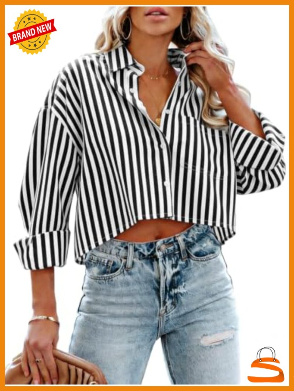 Women's Long Sleeve Button Down Cropped Shirt with Chest Pocket
